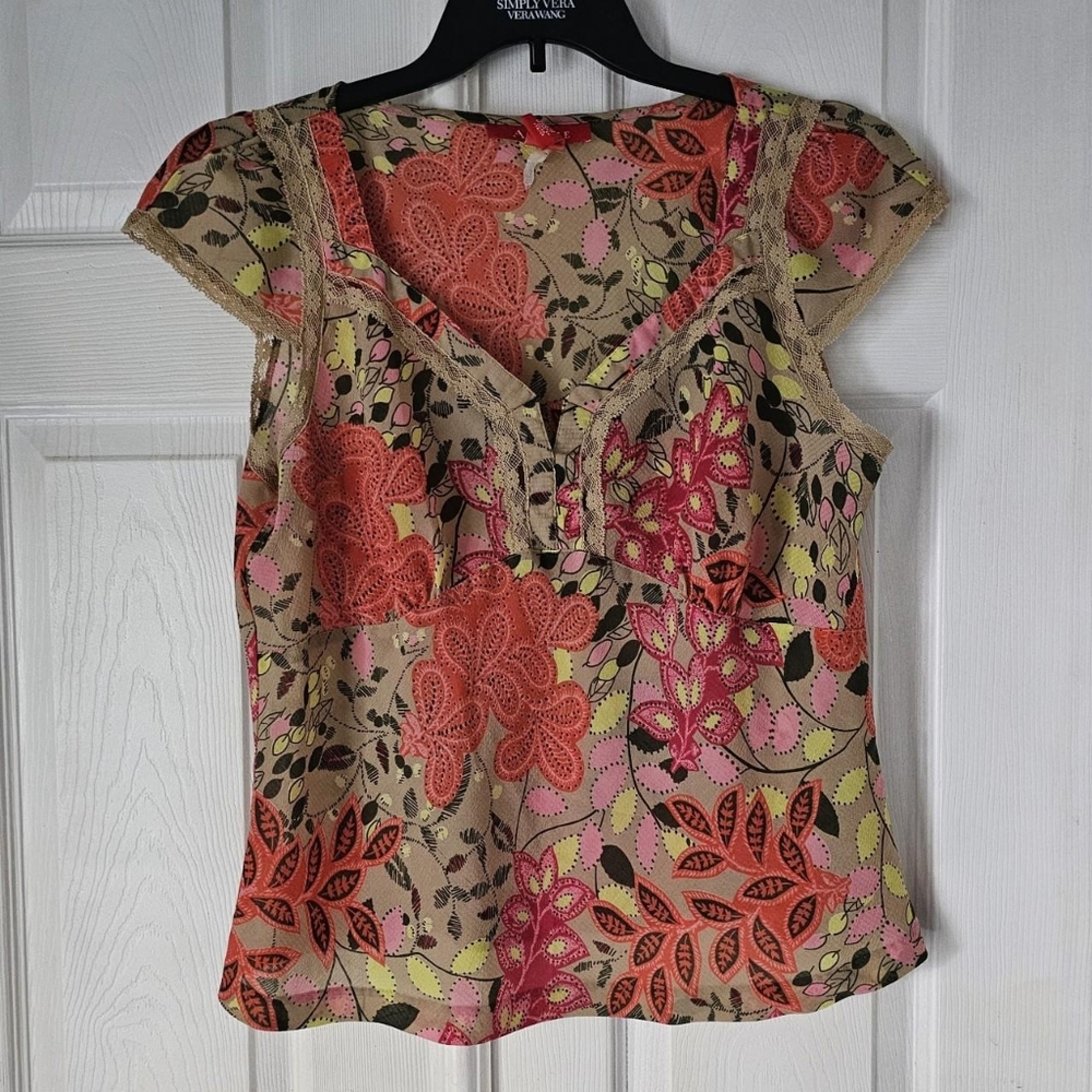 Y2K pink floral chiffon sweetheart neckline blouse